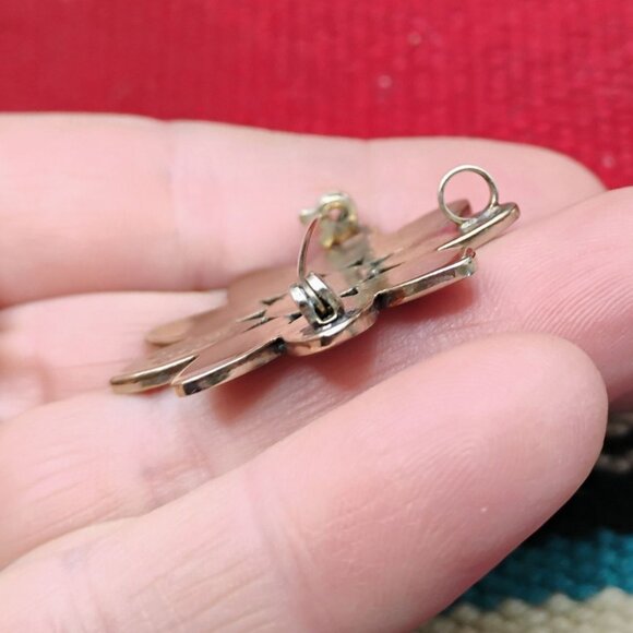 Vintage Mexico Alpaca Silver Crushed Inlay Turquoise Flower Brooch Pendant - Picture 4 of 6